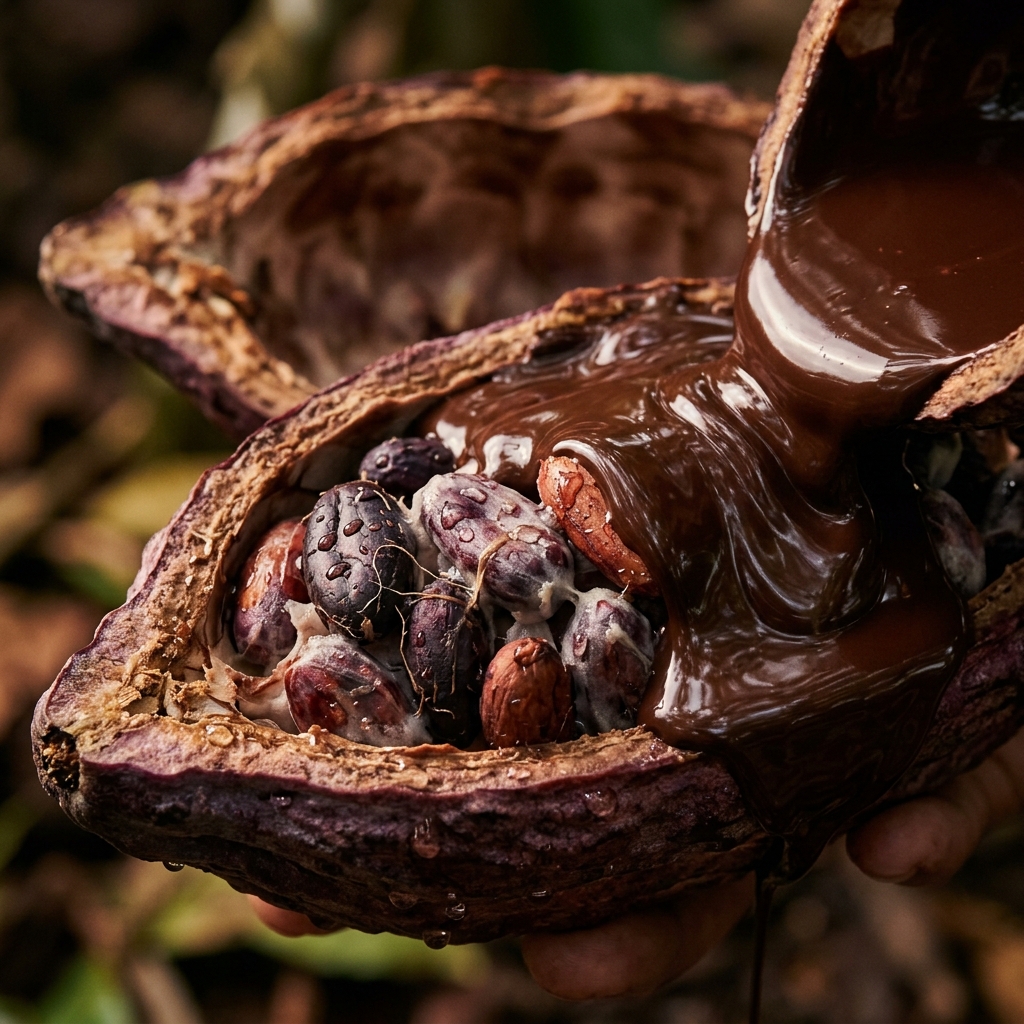 Exquisite macro shot of cocoa pod and flowing warm melted chocolate