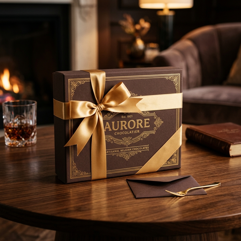 A luxurious brown and gold rigid chocolate box wrapped in ribbon