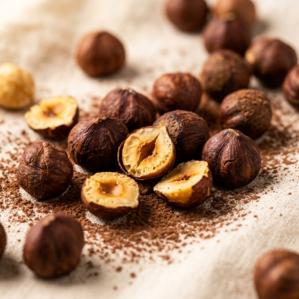 Roasted gold-brown hazelnuts dusted with cocoa powder in luxury close-up detail