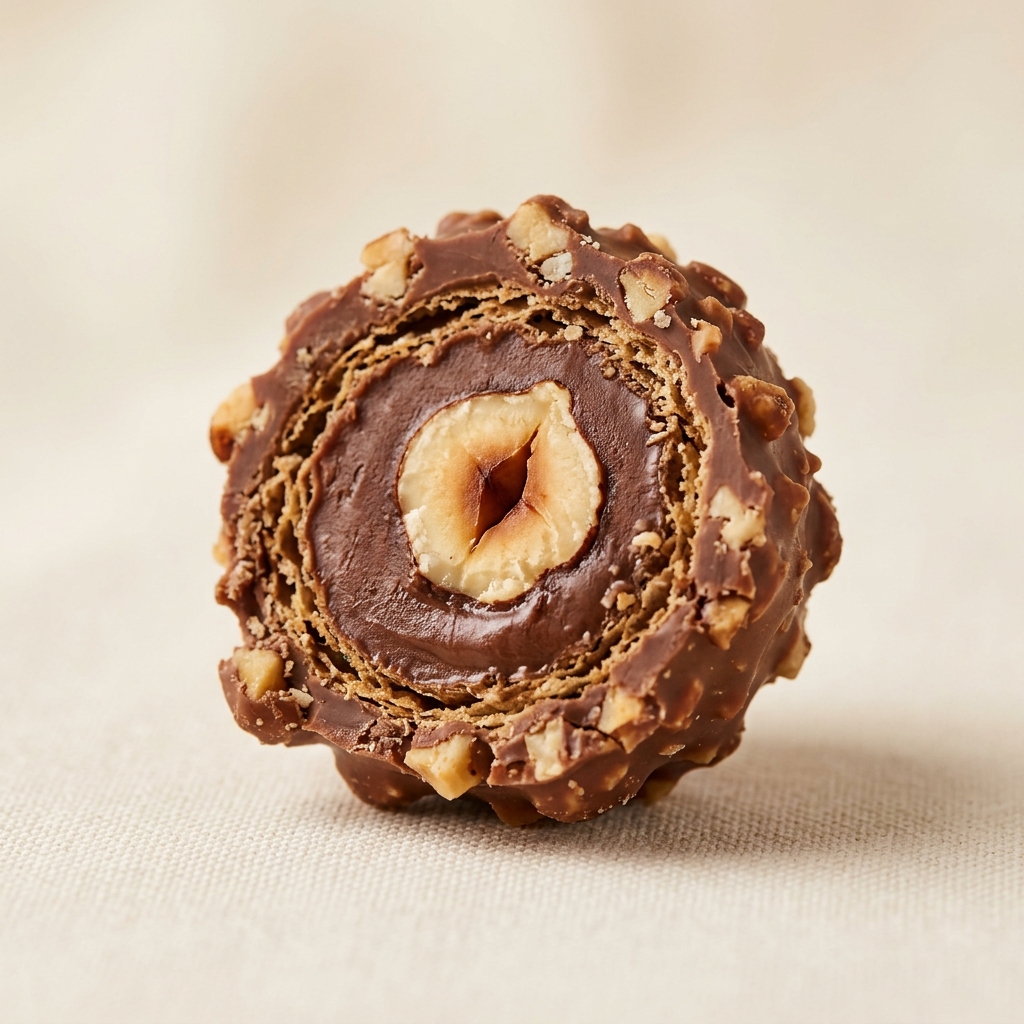 Exquisite round Ferrero Rocher Classico chocolate truffle enrobed with crushed hazelnut and chocolate