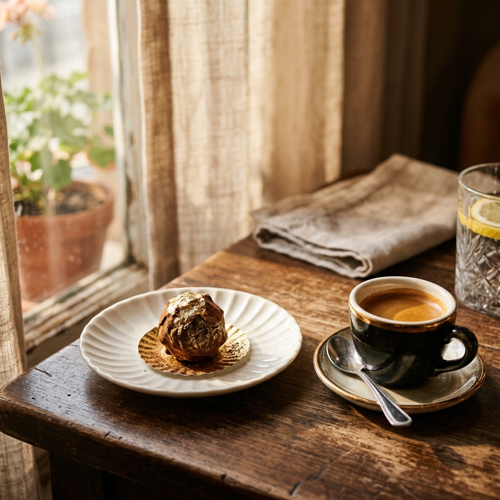 A single luxury chocolate truffle sitting on a saucer next to a cup of espresso
